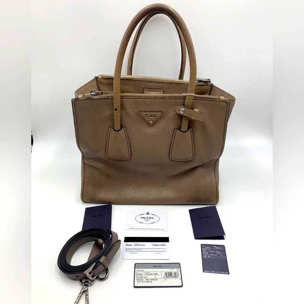 Auth PRADA Glacé Calf Pomice Twin Pocket Tote Bag Good Preloved Satchel